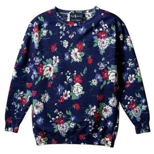 Vintage 90s Rare Ralph Lauren Blue Floral Lambswool Sweater Women Size Large
